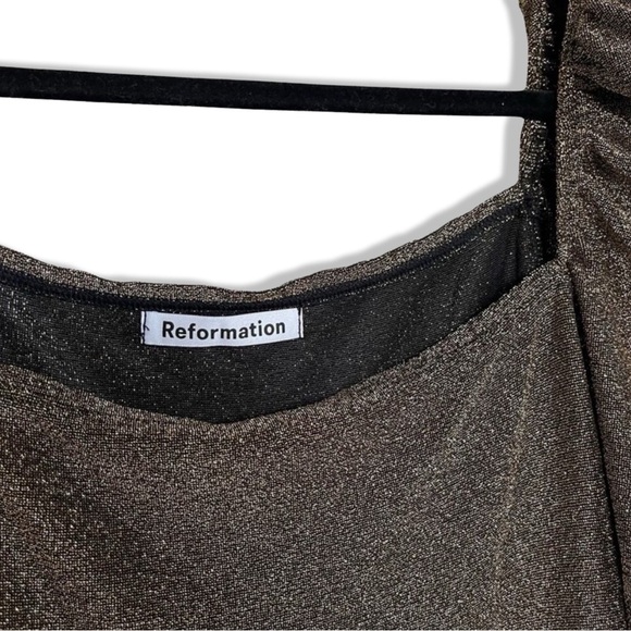 Reformation Rahm Ruched Puff Sleeve Midi Dress in Bronze Sparkle | Size XS - Picture 10 of 16